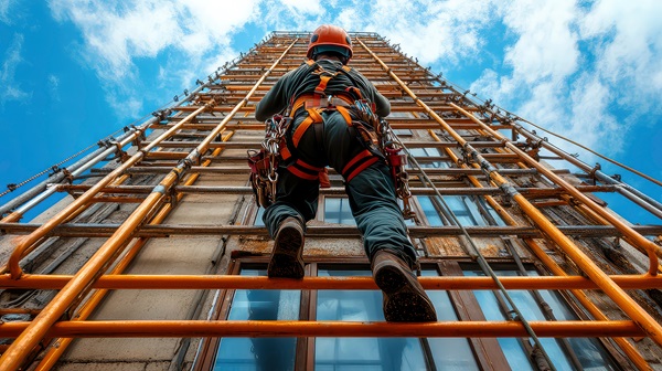 Construction worker wearing safety gear and harness climbing scaffolding on a tall building under a blue sky, symbolizing fall protection and OSHA safety compliance.