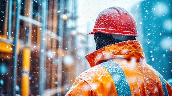 A construction worker wearing an orange jacket, an orange hard hat dusted with snow, and a face covering, seen from the back while working in a heavy snowfall.