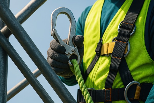 A New York City construction worker in a high-visibility yellow vest and safety harness holding a large metal carabiner attached to a green rope.