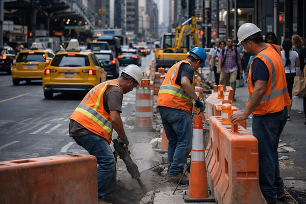 Construction workers in safety vests and hard hats operating a jackhammer on a busy New York City street, highlighting the risks of construction accidents occurring near heavy vehicle traffic.