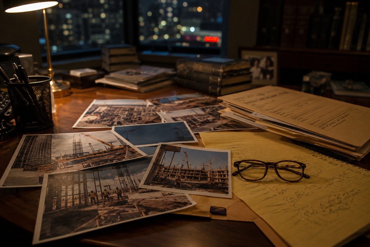 A wooden desk in a law office at night, scattered with legal documents, handwritten case notes, reading glasses, and photographic evidence of a New York City construction accident site.