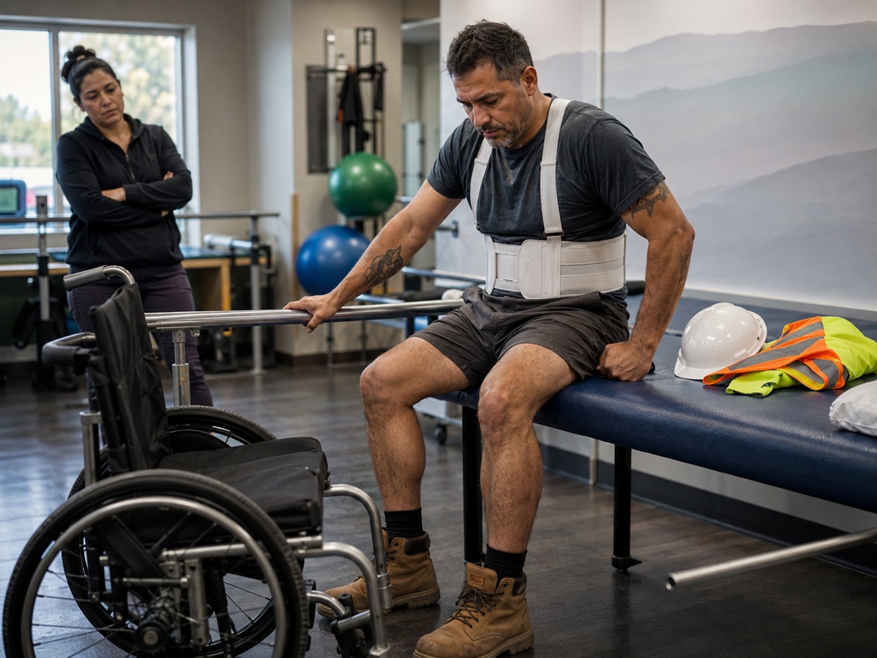 A construction worker wearing a spinal brace grips a railing during physical therapy rehabilitation, with a wheelchair in the foreground and his hard hat and safety vest beside him, depicting a New York City construction worker recovering from a serious spinal cord injury sustained on the job.