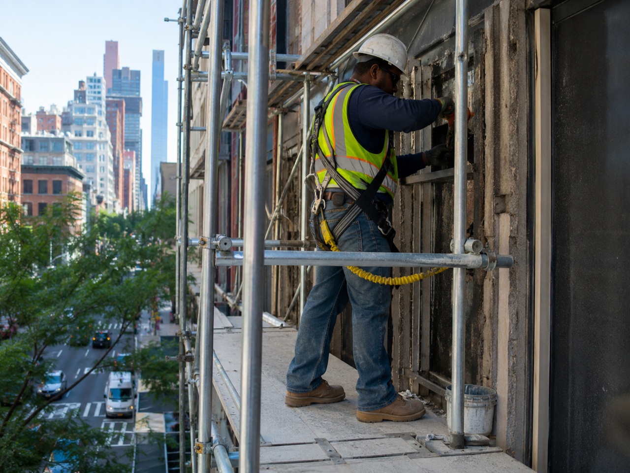 A construction worker in a harness working on scaffolding high above a New York City street, illustrating a gravity related fall hazard covered under New York Labor Law 200, 240, and 241(6).