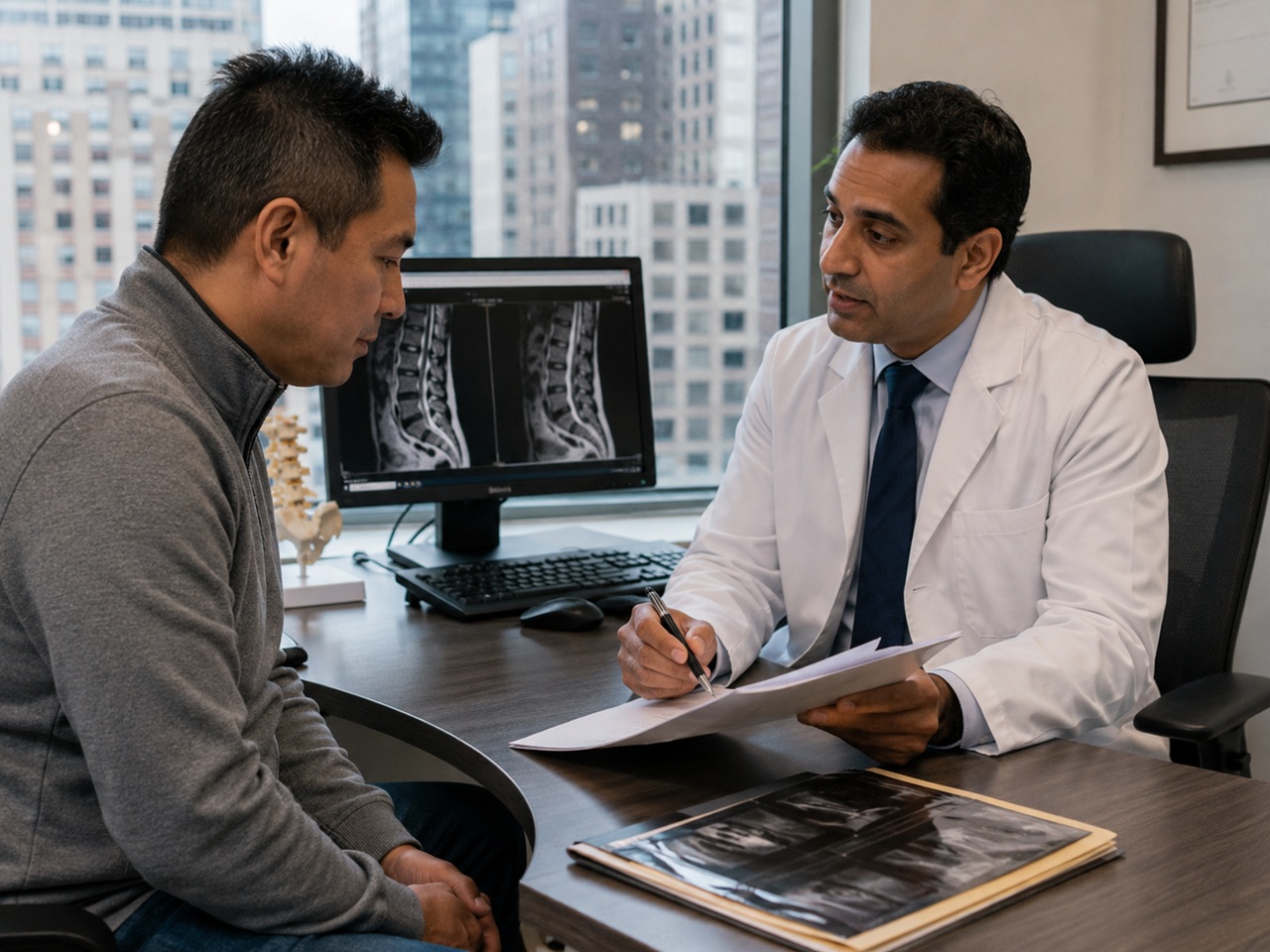 A doctor in a New York office reviewing spinal MRI images and medical records with a patient, illustrating the documentation used to establish the value of chronic pain in a personal injury claim.