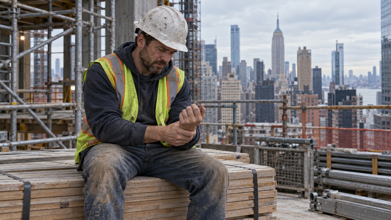 Manhattan construction worker holds wrist with job-related nerve pain at construction site.